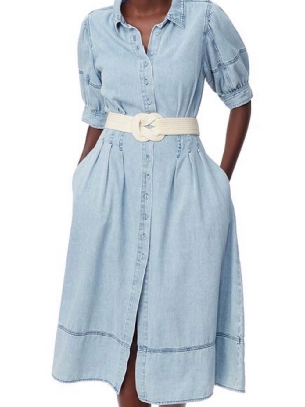 Sam Edelman Light Blue Denim Midi Shirt Dress with Cream Belt
